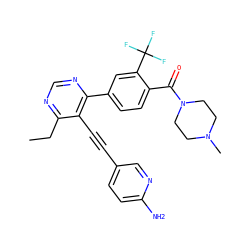 CCc1ncnc(-c2ccc(C(=O)N3CCN(C)CC3)c(C(F)(F)F)c2)c1C#Cc1ccc(N)nc1 ZINC000167436334