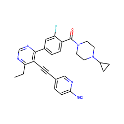 CCc1ncnc(-c2ccc(C(=O)N3CCN(C4CC4)CC3)c(F)c2)c1C#Cc1ccc(N)nc1 ZINC000148301524