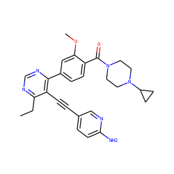 CCc1ncnc(-c2ccc(C(=O)N3CCN(C4CC4)CC3)c(OC)c2)c1C#Cc1ccc(N)nc1 ZINC000148507757