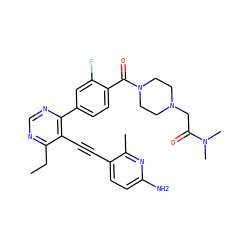 CCc1ncnc(-c2ccc(C(=O)N3CCN(CC(=O)N(C)C)CC3)c(F)c2)c1C#Cc1ccc(N)nc1C ZINC000167296722