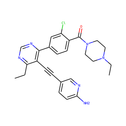 CCc1ncnc(-c2ccc(C(=O)N3CCN(CC)CC3)c(Cl)c2)c1C#Cc1ccc(N)nc1 ZINC000148681493