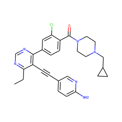 CCc1ncnc(-c2ccc(C(=O)N3CCN(CC4CC4)CC3)c(Cl)c2)c1C#Cc1ccc(N)nc1 ZINC000148257612