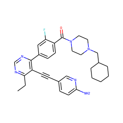 CCc1ncnc(-c2ccc(C(=O)N3CCN(CC4CCCCC4)CC3)c(F)c2)c1C#Cc1ccc(N)nc1 ZINC000148860355
