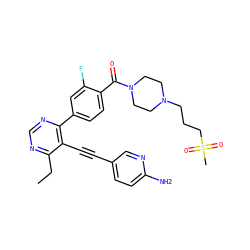 CCc1ncnc(-c2ccc(C(=O)N3CCN(CCCS(C)(=O)=O)CC3)c(F)c2)c1C#Cc1ccc(N)nc1 ZINC000148287799