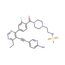 CCc1ncnc(-c2ccc(C(=O)N3CCN(CCNS(C)(=O)=O)CC3)c(F)c2)c1C#Cc1ccc(N)nc1 ZINC000167442627