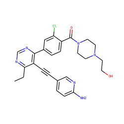 CCc1ncnc(-c2ccc(C(=O)N3CCN(CCO)CC3)c(Cl)c2)c1C#Cc1ccc(N)nc1 ZINC000148471991