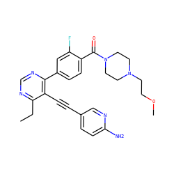 CCc1ncnc(-c2ccc(C(=O)N3CCN(CCOC)CC3)c(F)c2)c1C#Cc1ccc(N)nc1 ZINC000148300764