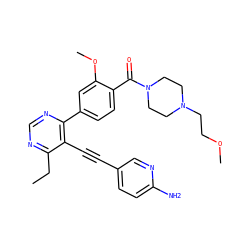 CCc1ncnc(-c2ccc(C(=O)N3CCN(CCOC)CC3)c(OC)c2)c1C#Cc1ccc(N)nc1 ZINC000148859460
