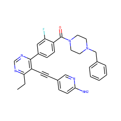 CCc1ncnc(-c2ccc(C(=O)N3CCN(Cc4ccccc4)CC3)c(F)c2)c1C#Cc1ccc(N)nc1 ZINC000148781315