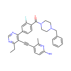 CCc1ncnc(-c2ccc(C(=O)N3CCN(Cc4ccccc4)CC3)c(F)c2)c1C#Cc1ccc(N)nc1C ZINC000148873647