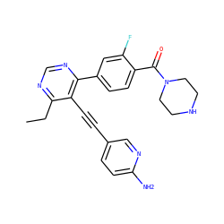 CCc1ncnc(-c2ccc(C(=O)N3CCNCC3)c(F)c2)c1C#Cc1ccc(N)nc1 ZINC000148694935