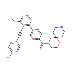 CCc1ncnc(-c2ccc(C(=O)N3CCOC4(CCNCC4)C3)c(F)c2)c1C#Cc1ccc(N)nc1 ZINC000167472849