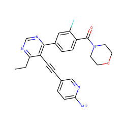 CCc1ncnc(-c2ccc(C(=O)N3CCOCC3)c(F)c2)c1C#Cc1ccc(N)nc1 ZINC000148592526