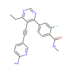 CCc1ncnc(-c2ccc(C(=O)NC)c(F)c2)c1C#Cc1ccc(N)nc1 ZINC000148807311