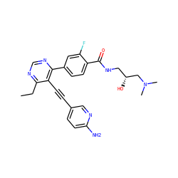CCc1ncnc(-c2ccc(C(=O)NC[C@@H](O)CN(C)C)c(F)c2)c1C#Cc1ccc(N)nc1 ZINC000167352100