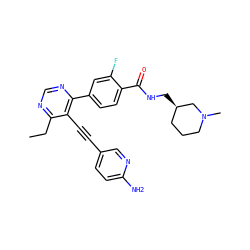 CCc1ncnc(-c2ccc(C(=O)NC[C@@H]3CCCN(C)C3)c(F)c2)c1C#Cc1ccc(N)nc1 ZINC000148876815