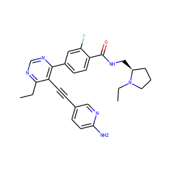 CCc1ncnc(-c2ccc(C(=O)NC[C@H]3CCCN3CC)c(F)c2)c1C#Cc1ccc(N)nc1 ZINC000148977000