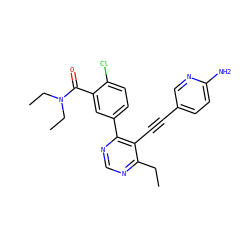 CCc1ncnc(-c2ccc(Cl)c(C(=O)N(CC)CC)c2)c1C#Cc1ccc(N)nc1 ZINC000167282730