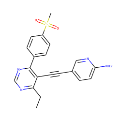 CCc1ncnc(-c2ccc(S(C)(=O)=O)cc2)c1C#Cc1ccc(N)nc1 ZINC000148383027