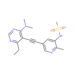 CCc1ncnc(N(C)C)c1C#Cc1cnc(C)c(NS(C)(=O)=O)c1 ZINC000169697499