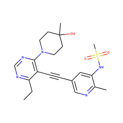 CCc1ncnc(N2CCC(C)(O)CC2)c1C#Cc1cnc(C)c(NS(C)(=O)=O)c1 ZINC000149171234