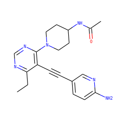 CCc1ncnc(N2CCC(NC(C)=O)CC2)c1C#Cc1ccc(N)nc1 ZINC000149294408