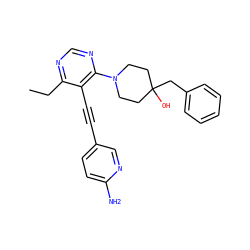 CCc1ncnc(N2CCC(O)(Cc3ccccc3)CC2)c1C#Cc1ccc(N)nc1 ZINC000149211900