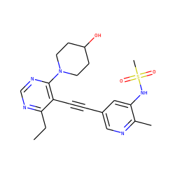 CCc1ncnc(N2CCC(O)CC2)c1C#Cc1cnc(C)c(NS(C)(=O)=O)c1 ZINC000169697509