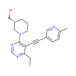 CCc1ncnc(N2CCC[C@@H](CO)C2)c1C#Cc1ccc(C)nc1 ZINC000149278957