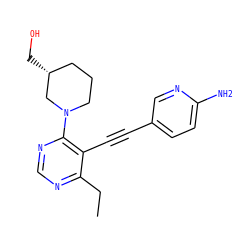 CCc1ncnc(N2CCC[C@@H](CO)C2)c1C#Cc1ccc(N)nc1 ZINC000148837121