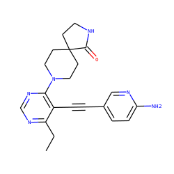 CCc1ncnc(N2CCC3(CCNC3=O)CC2)c1C#Cc1ccc(N)nc1 ZINC000149265139