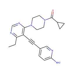 CCc1ncnc(N2CCN(C(=O)C3CC3)CC2)c1C#Cc1ccc(N)nc1 ZINC000149215872