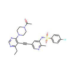CCc1ncnc(N2CCN(C(C)=O)CC2)c1C#Cc1cnc(C)c(NS(=O)(=O)c2ccc(F)cc2)c1 ZINC000149141824