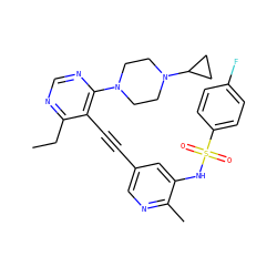 CCc1ncnc(N2CCN(C3CC3)CC2)c1C#Cc1cnc(C)c(NS(=O)(=O)c2ccc(F)cc2)c1 ZINC000169697495