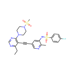 CCc1ncnc(N2CCN(S(C)(=O)=O)CC2)c1C#Cc1cnc(C)c(NS(=O)(=O)c2ccc(F)cc2)c1 ZINC000169697514