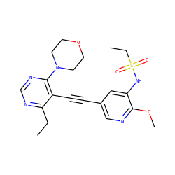 CCc1ncnc(N2CCOCC2)c1C#Cc1cnc(OC)c(NS(=O)(=O)CC)c1 ZINC000143847756