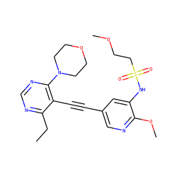 CCc1ncnc(N2CCOCC2)c1C#Cc1cnc(OC)c(NS(=O)(=O)CCOC)c1 ZINC000143855795