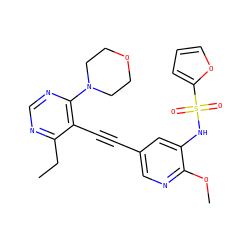 CCc1ncnc(N2CCOCC2)c1C#Cc1cnc(OC)c(NS(=O)(=O)c2ccco2)c1 ZINC000143851286