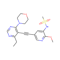 CCc1ncnc(N2CCOCC2)c1C#Cc1cnc(OC)c(NS(C)(=O)=O)c1 ZINC000169697518