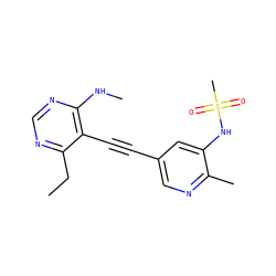 CCc1ncnc(NC)c1C#Cc1cnc(C)c(NS(C)(=O)=O)c1 ZINC000169697500