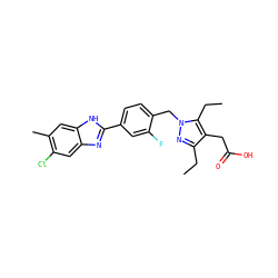 CCc1nn(Cc2ccc(-c3nc4cc(Cl)c(C)cc4[nH]3)cc2F)c(CC)c1CC(=O)O ZINC000203691602