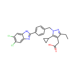 CCc1nn(Cc2ccc(-c3nc4cc(Cl)c(Cl)cc4[nH]3)cc2)c(C2CC2)c1CC(=O)O ZINC000203687968