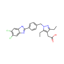 CCc1nn(Cc2ccc(-c3nc4cc(Cl)c(Cl)cc4[nH]3)cc2)c(CC)c1CC(=O)O ZINC001772634222