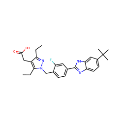 CCc1nn(Cc2ccc(-c3nc4ccc(C(C)(C)C)cc4[nH]3)cc2F)c(CC)c1CC(=O)O ZINC000203254343