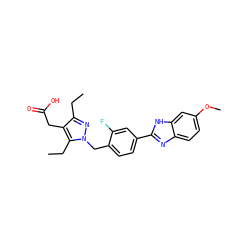 CCc1nn(Cc2ccc(-c3nc4ccc(OC)cc4[nH]3)cc2F)c(CC)c1CC(=O)O ZINC001772649848