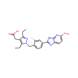 CCc1nn(Cc2ccc(-c3nc4ccc(OC)nc4[nH]3)cc2F)c(CC)c1CC(=O)O ZINC001772608285