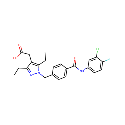 CCc1nn(Cc2ccc(C(=O)Nc3ccc(F)c(Cl)c3)cc2)c(CC)c1CC(=O)O ZINC000169704027