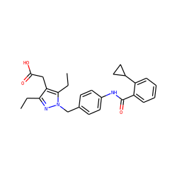 CCc1nn(Cc2ccc(NC(=O)c3ccccc3C3CC3)cc2)c(CC)c1CC(=O)O ZINC000168892605