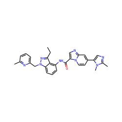CCc1nn(Cc2cccc(C)n2)c2cccc(NC(=O)c3cnc4cc(-c5cnc(C)n5C)ccn34)c12 ZINC000117885454