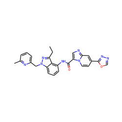 CCc1nn(Cc2cccc(C)n2)c2cccc(NC(=O)c3cnc4cc(-c5nnco5)ccn34)c12 ZINC000117894312